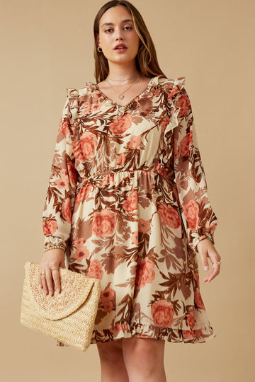 HY6588 TAUPE Womens Romantic Floral Ruffle Detailed Long Sleeve Dress Front